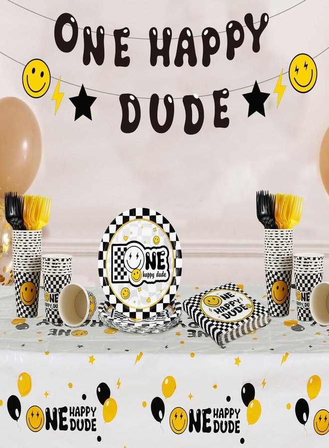 Suttmin 122 Pcs One Happy Dude Birthday Decorations 1st Birthday Party Tableware Set for 24 Guests Include One Happy Dude Plates Cups Napkins Fork Smile Face Tablecloth Banner for Party Decor - Image 4